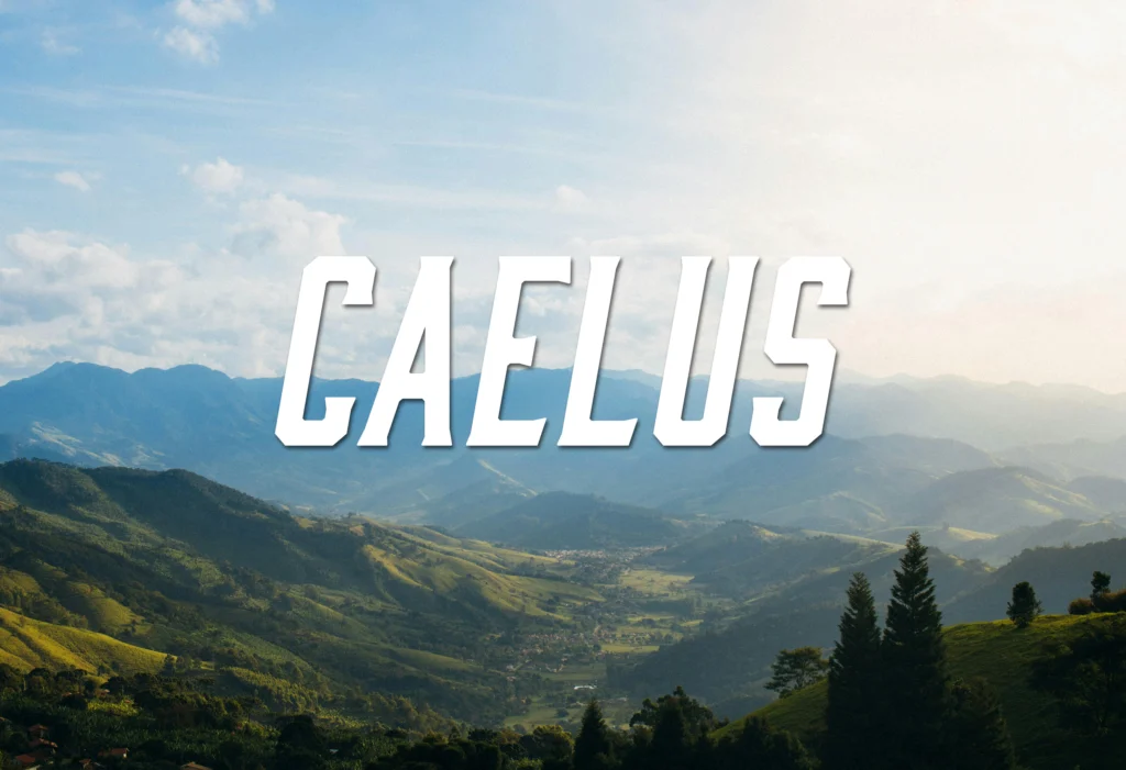 View of beautiful valley with the text Caelus