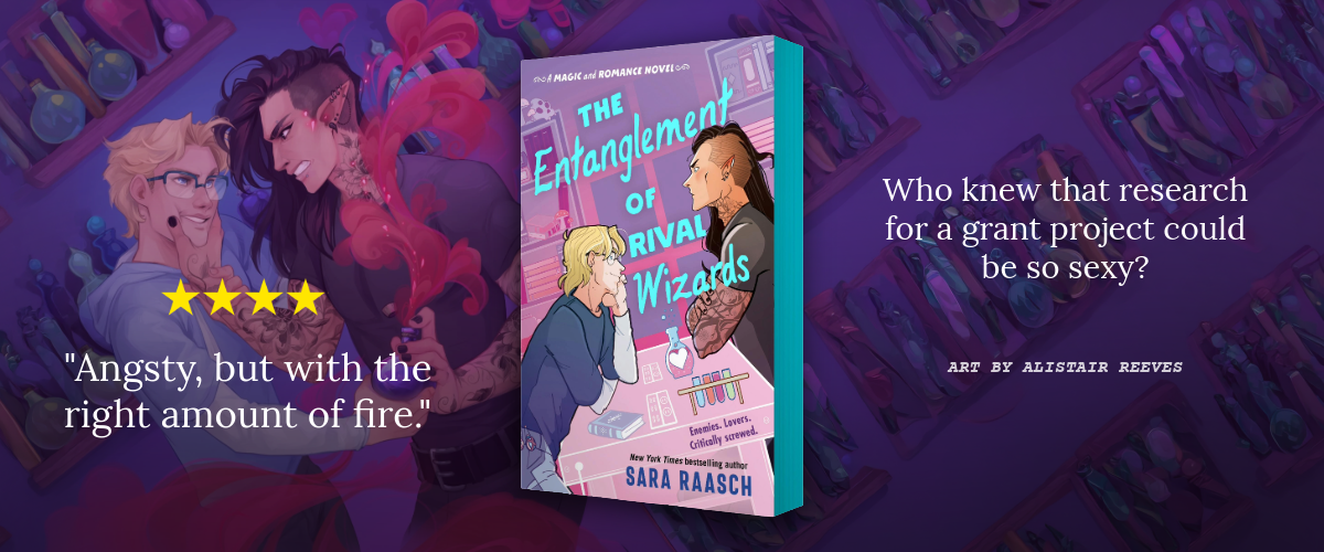 Book cover for The Entanglement of Rival Wizards with four stars and the text: "Angsty, but with the right amount of fire."