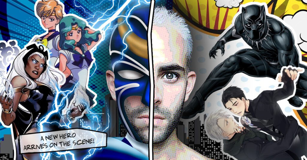 Superheroes arranged in a collage-style format with the words, "A new hero arrives on the scene."