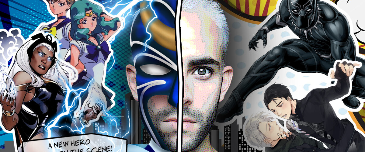 Superheroes arranged in a collage-style format with the words, "A new hero arrives on the scene."